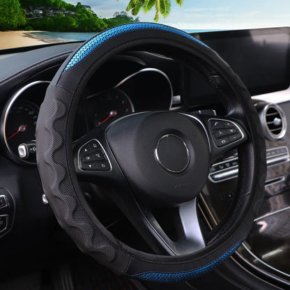 Carbon Fiber Pattern Silicone Leather Steering Wheel Cover for 14.5 to 15 Inch Wheels