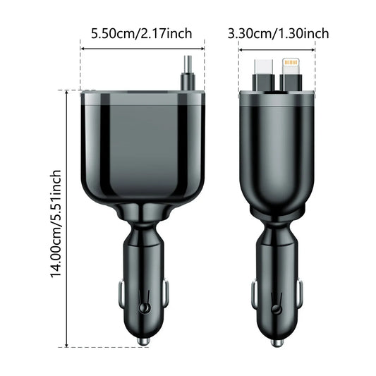 Retractable Fast Car Charger – USB & Type-C Ports with Voltage Display (iOS & Android Compatible