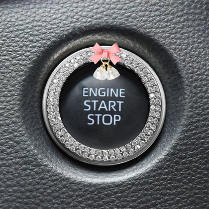 Rhinestone Bow Bell Car Start Switch Button Cover – Decorative Diamond Sticker Ring Trim
