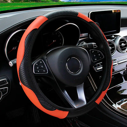 Carbon Fiber PU Leather Steering Wheel Cover for 14.5 to 15 Inch Wheels