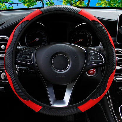 Carbon Fiber PU Leather Steering Wheel Cover for 14.5 to 15 Inch Wheels