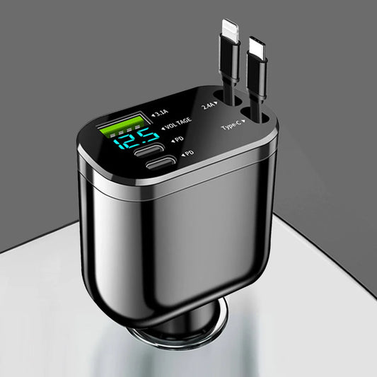 Retractable Fast Car Charger – USB & Type-C Ports with Voltage Display (iOS & Android Compatible