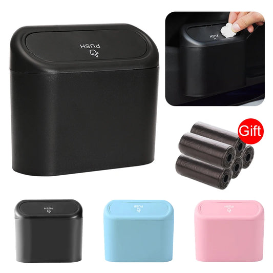 Compact Hanging Car Trash Bin with Lid Push to Open Design for Clean and Organized Interiors