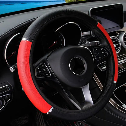 Leather Metal Strip Sporty Pop Steering Wheel Cover – Fits 14.5-15 Inch Wheels
