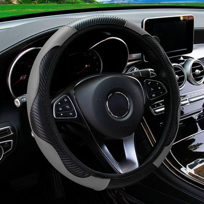 Carbon Fiber PU Leather Steering Wheel Cover for 14.5 to 15 Inch Wheels