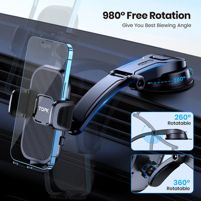 Universal Car Phone Holder for Dashboard with 360 Degree Rotation Anti Slip Grip and Adjustable Arm