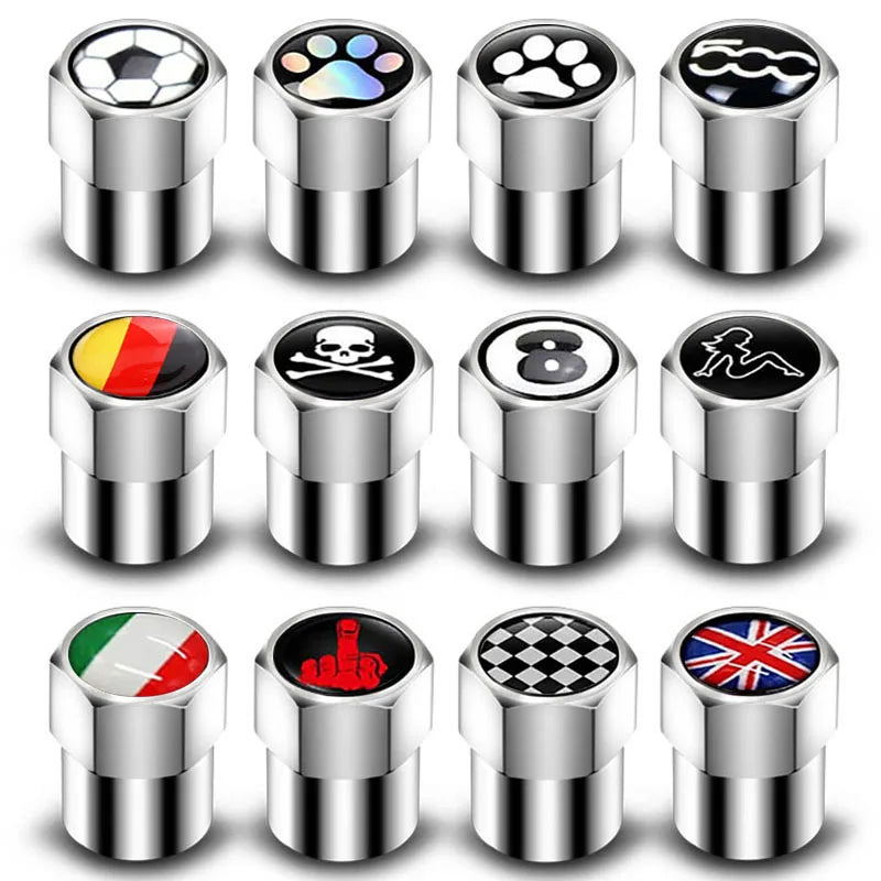 Universal Metal Tire Valve Caps Set of 4 with Rubber Seal Dust Protection