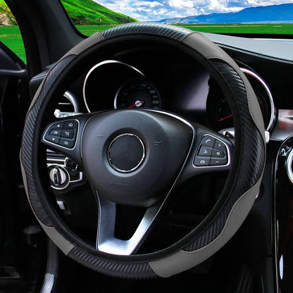 Carbon Fiber PU Leather Steering Wheel Cover for 14.5 to 15 Inch Wheels