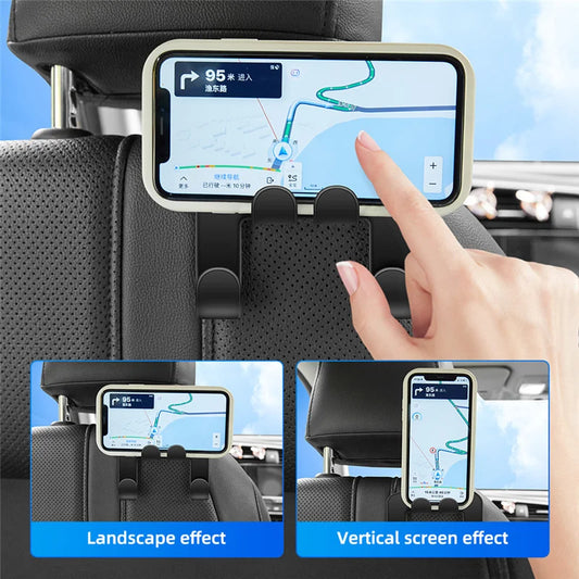 Car Headrest Hook with Phone Holder – Back Seat Organizer and Mobile Stand