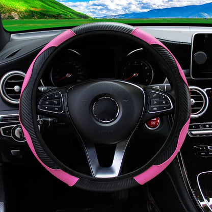 Carbon Fiber PU Leather Steering Wheel Cover for 14.5 to 15 Inch Wheels