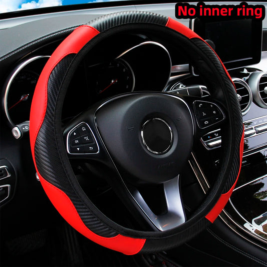 Carbon Fiber PU Leather Steering Wheel Cover for 14.5 to 15 Inch Wheels
