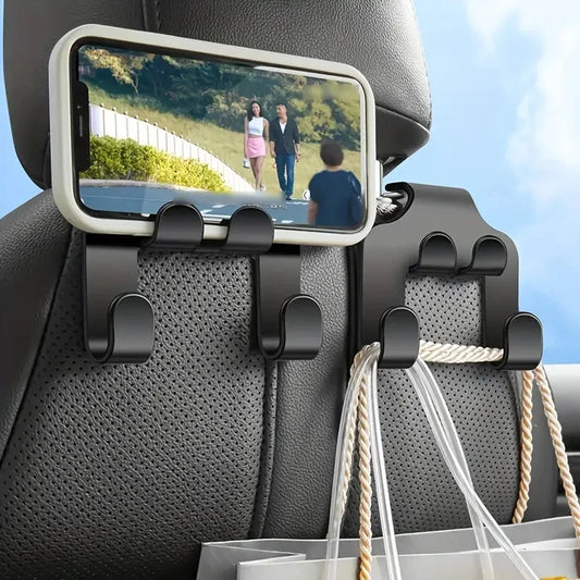 Car Headrest Hook with Phone Holder – Back Seat Organizer and Mobile Stand